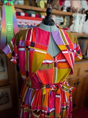 Handmade 1950's Dress & Bolero with Belt Bright Plaid Rainbow Cotton Sateen